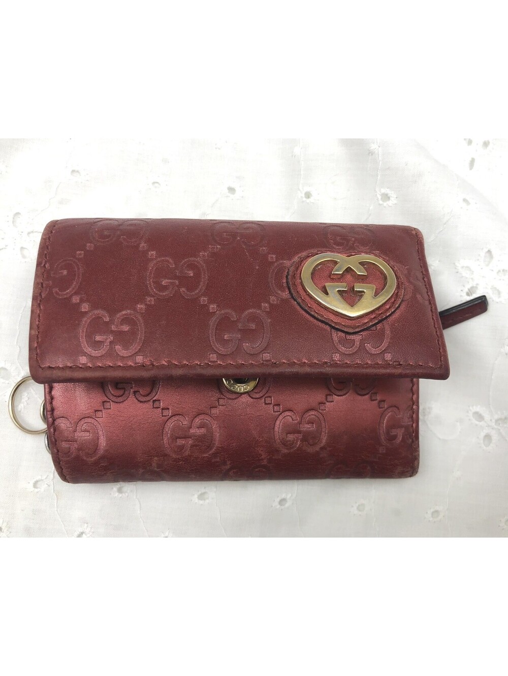 Vtg Gucci Lovely Heart Metallic Burgundy Guccissima Leather 6 Key Case Wallet⁠